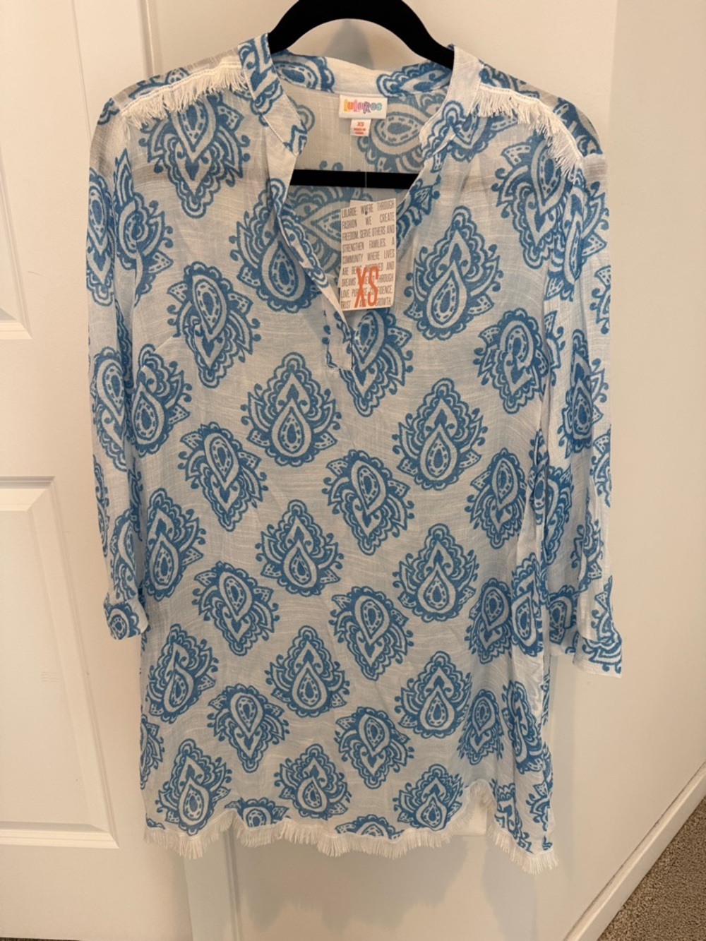 LuLaRoe White and Blue Paisley Fringe Beach Coverup